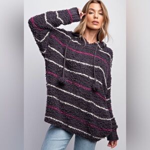 WOMEN’S EASEL STRIPED CHARCOAL HOODIE SWEATER - Size Medium